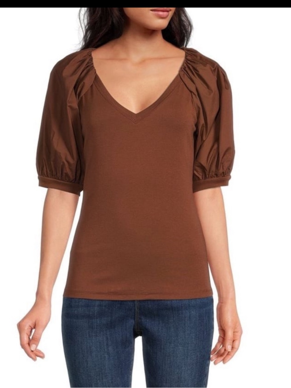 a Loves a Top V-Neck Short Balloon Puff Sleeve Brown small